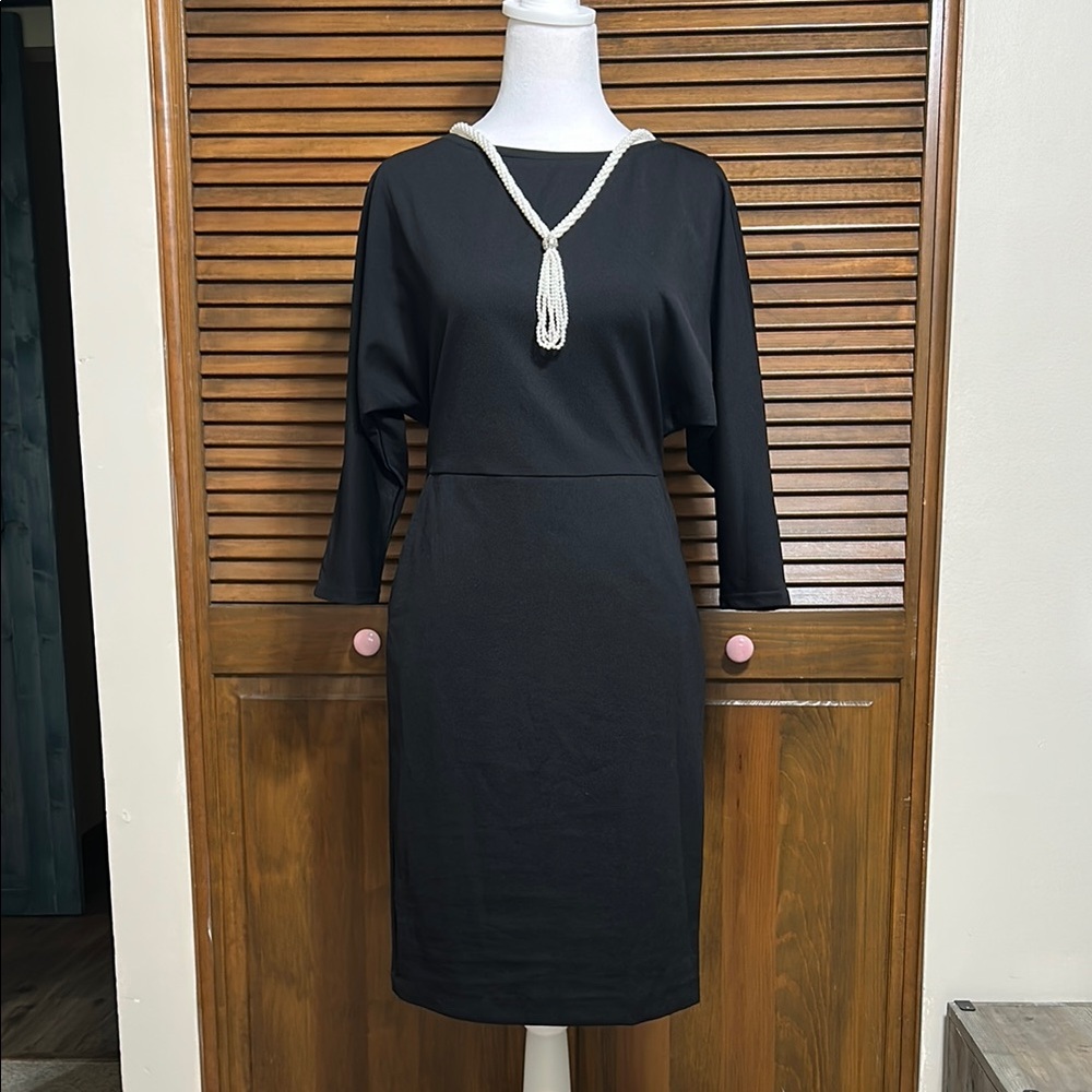 Naoko Black Batwing 3/4 Sleeve Sheath Bodycon Dress with Pockets Size M